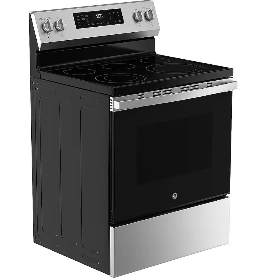 GE - 5.3 Cu. Ft. Freestanding Electric Convection Range with Steam Cleaning and EasyWash Tray - Stainless Steel -GRF600AVSS
