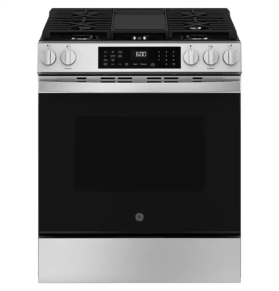 GE - 5.3 Cu. Ft. Slide-In Gas Convection Range with Steam Cleaning and EasyWash Tray - Stainless Steel - GGS600AVFS