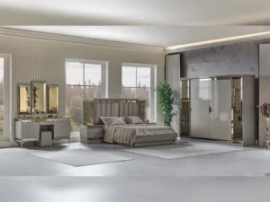 Gokce Bedroom (Queen Frame With Headboard & Dresser With Mirror & Ottoman & 2 Nightstand)-1463-474