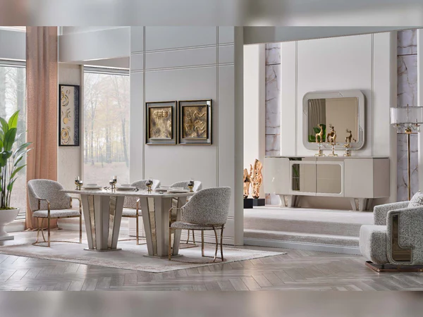 Asel Diningroom Consol With Mirror & Dining Table & 6 Dining Chair