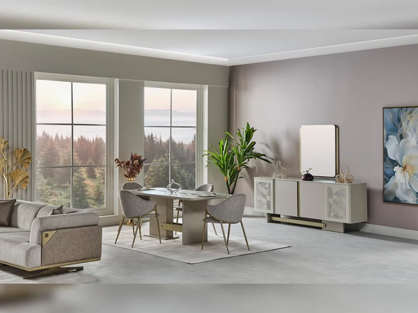 Hisar Diningroom Consol With Mirror & Dining Table & 6 Dining Chair